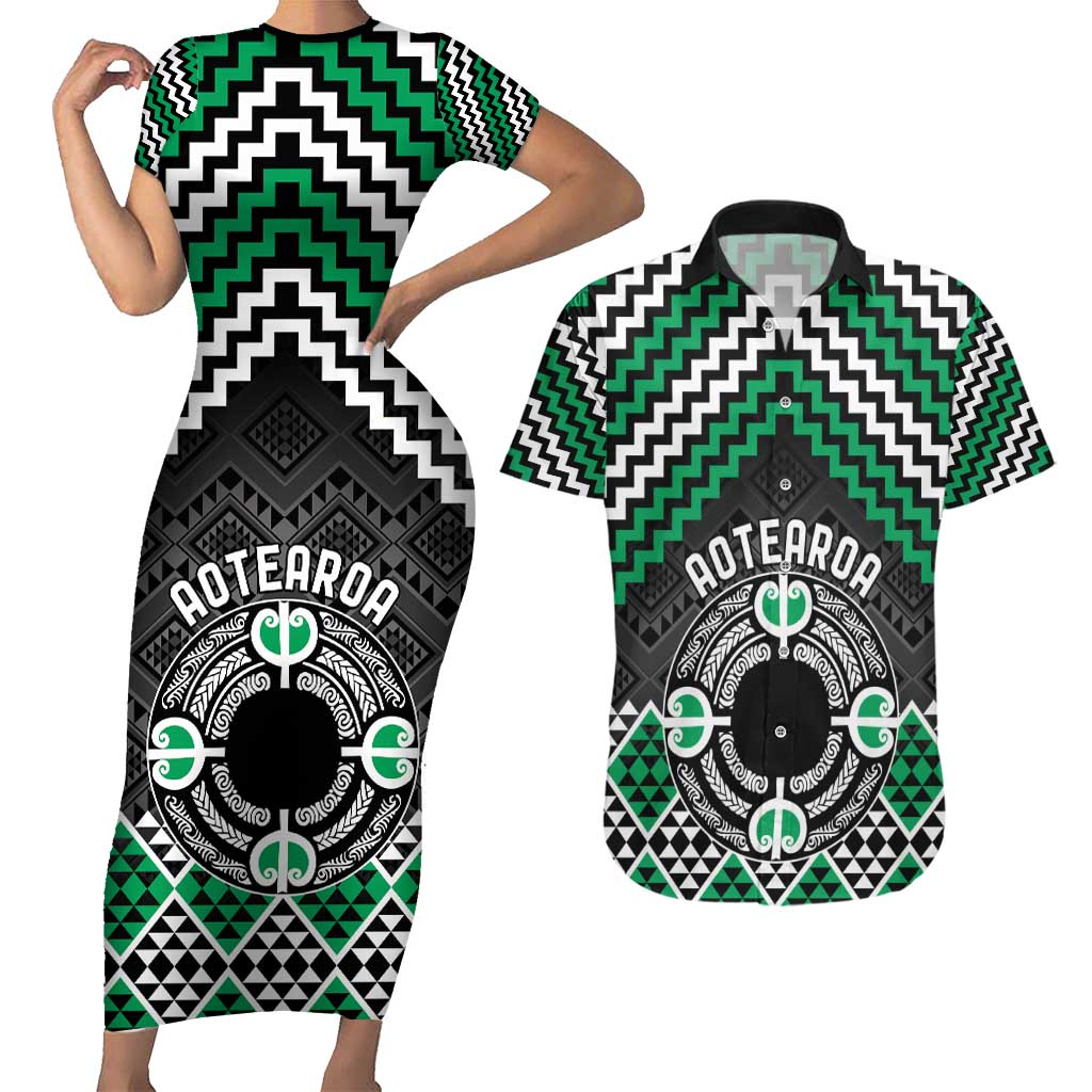 Personalised Aotearoa Niho Taniwha Motif Couples Matching Short Sleeve Bodycon Dress and Hawaiian Shirt Green Style LT9 Green - Polynesian Pride