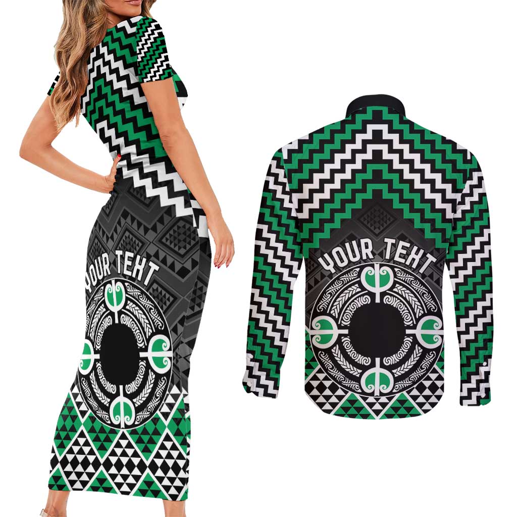 Personalised Aotearoa Niho Taniwha Motif Couples Matching Short Sleeve Bodycon Dress and Long Sleeve Button Shirt Green Style