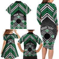 Personalised Aotearoa Niho Taniwha Motif Family Matching Long Sleeve Bodycon Dress and Hawaiian Shirt Green Style LT9 - Polynesian Pride