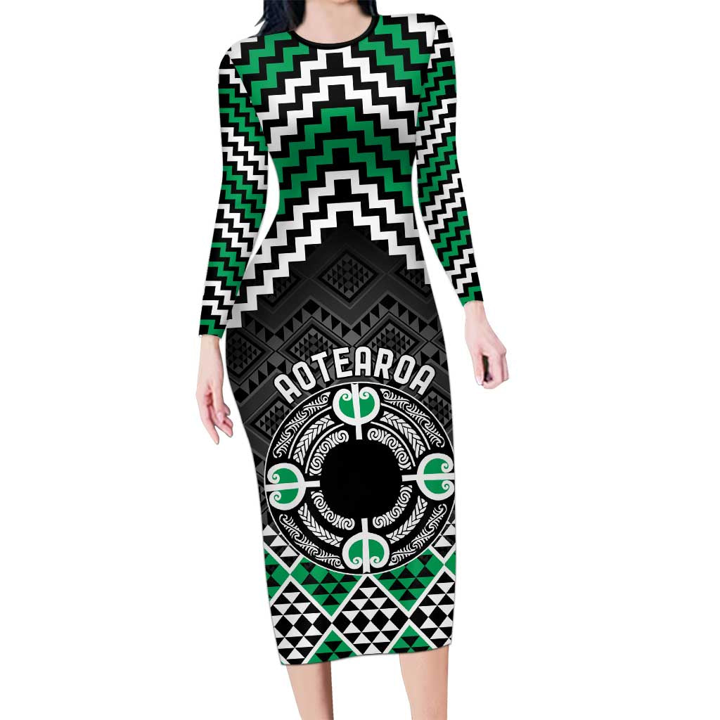 Personalised Aotearoa Niho Taniwha Motif Family Matching Long Sleeve Bodycon Dress and Hawaiian Shirt Green Style LT9 Mom's Dress Green - Polynesian Pride