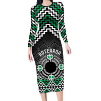 Personalised Aotearoa Niho Taniwha Motif Family Matching Long Sleeve Bodycon Dress and Hawaiian Shirt Green Style LT9 Mom's Dress Green - Polynesian Pride