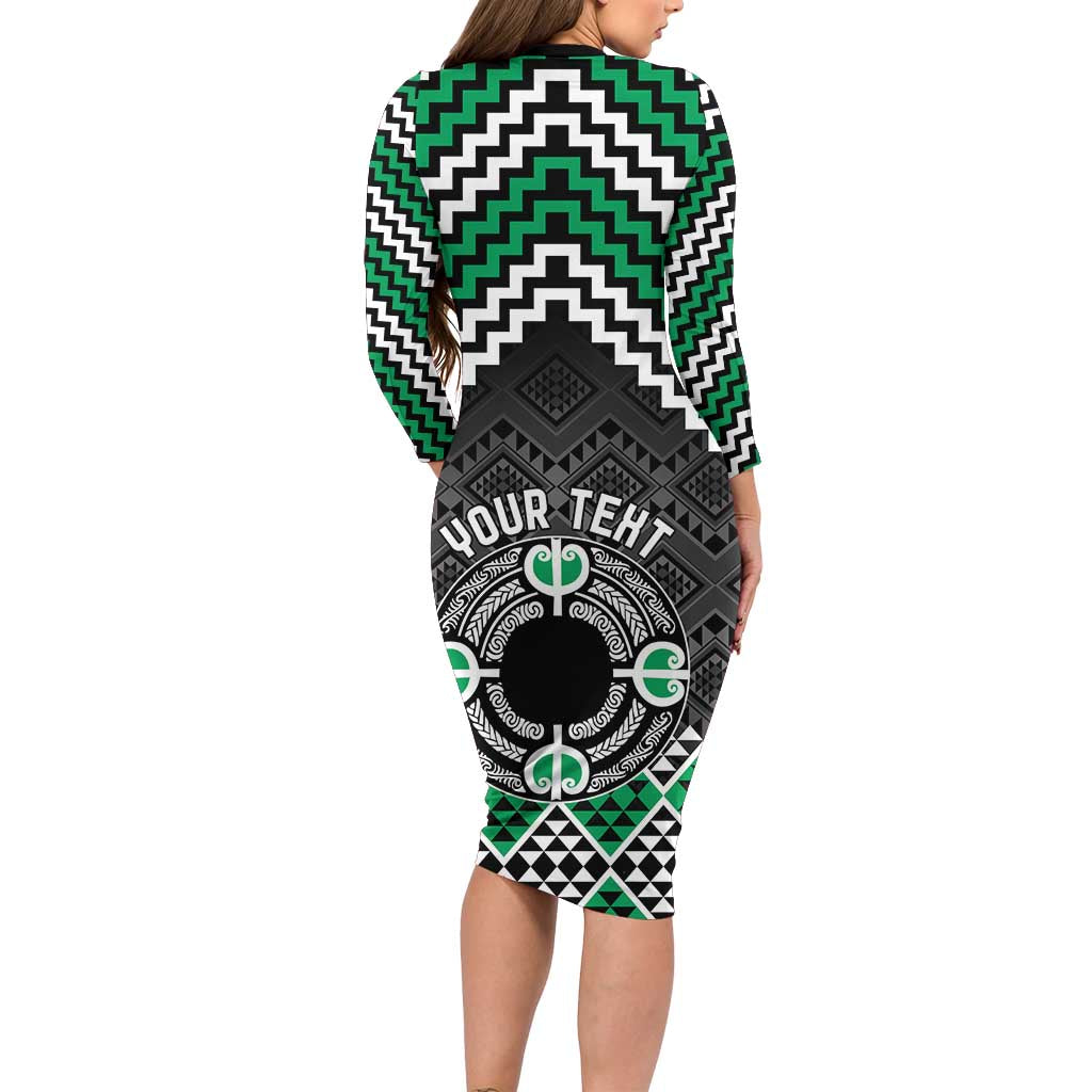 Personalised Aotearoa Niho Taniwha Motif Family Matching Long Sleeve Bodycon Dress and Hawaiian Shirt Green Style LT9 - Polynesian Pride