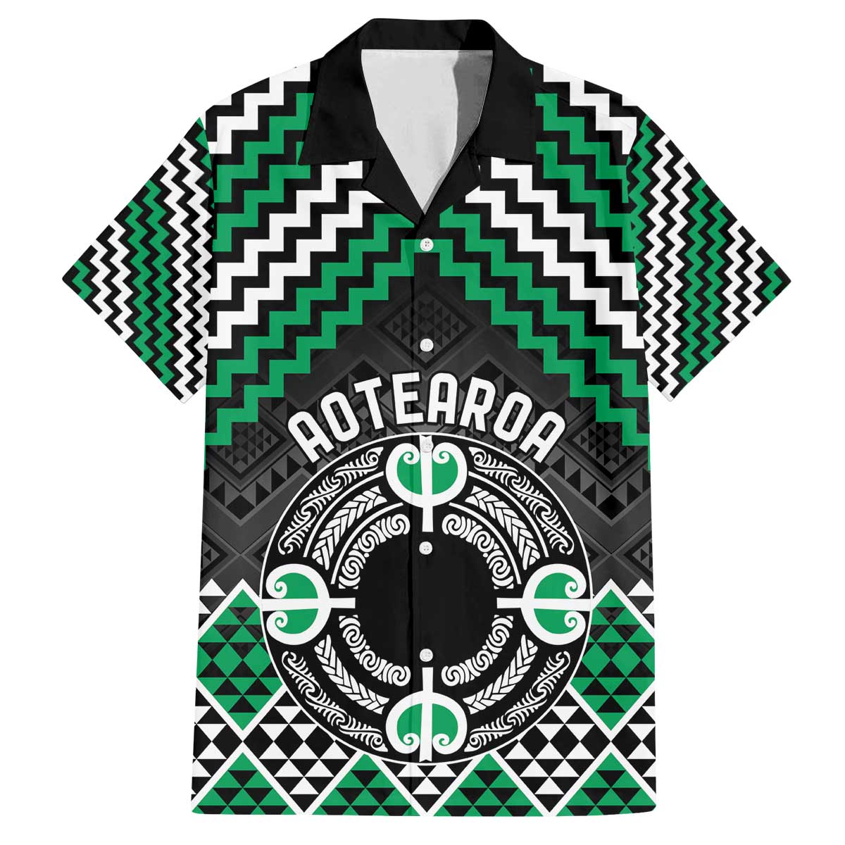 Personalised Aotearoa Niho Taniwha Motif Family Matching Off The Shoulder Long Sleeve Dress and Hawaiian Shirt Green Style LT9 Dad's Shirt - Short Sleeve Green - Polynesian Pride