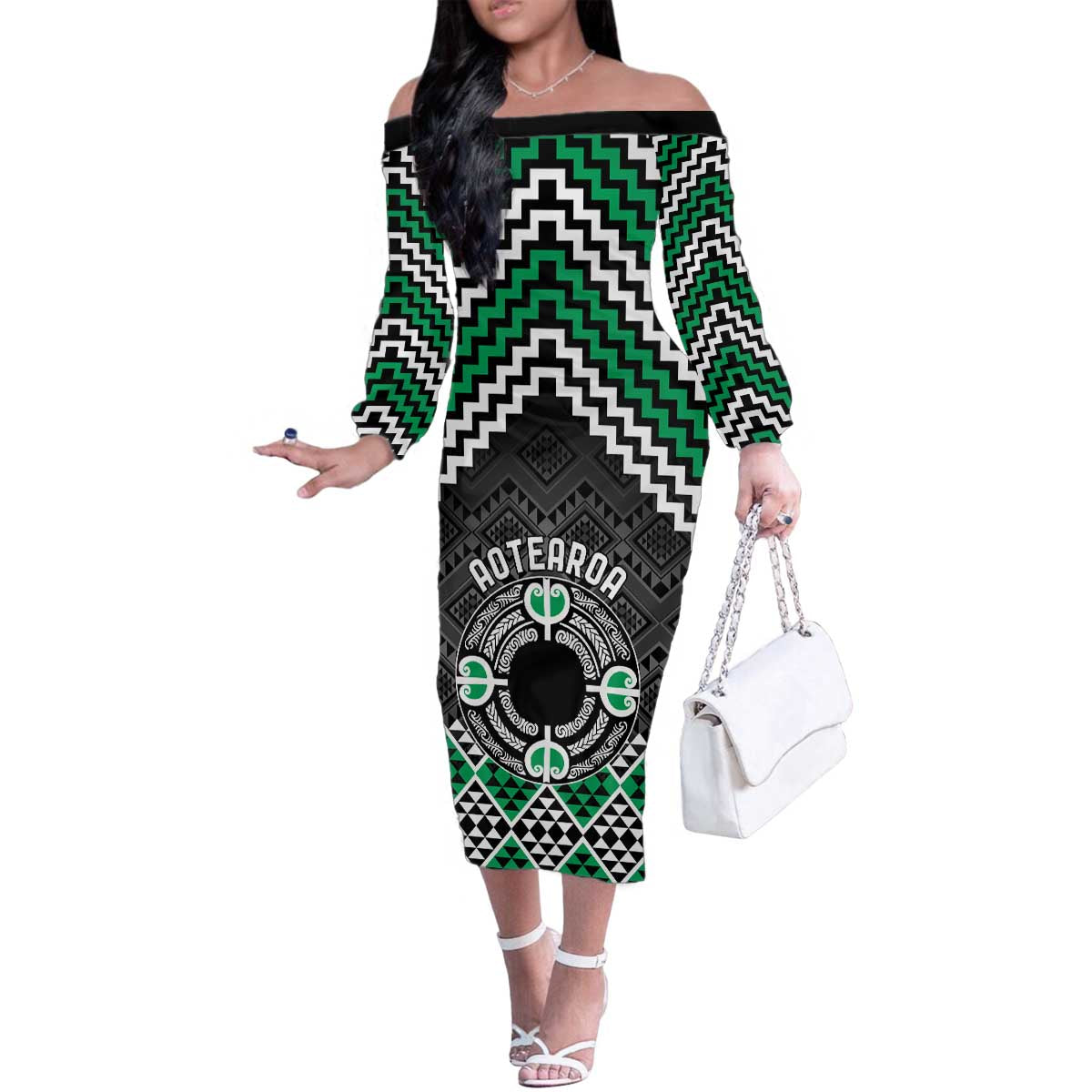 Personalised Aotearoa Niho Taniwha Motif Family Matching Off The Shoulder Long Sleeve Dress and Hawaiian Shirt Green Style LT9 Mom's Dress Green - Polynesian Pride