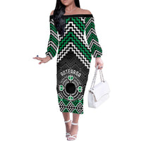 Personalised Aotearoa Niho Taniwha Motif Family Matching Off The Shoulder Long Sleeve Dress and Hawaiian Shirt Green Style LT9 Mom's Dress Green - Polynesian Pride