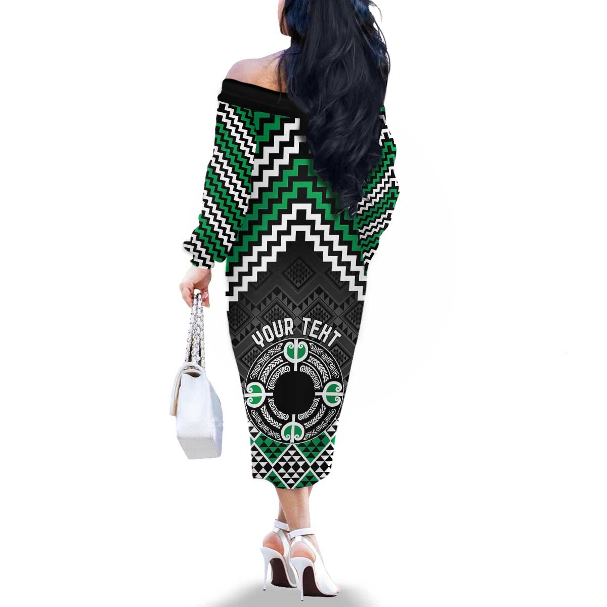 Personalised Aotearoa Niho Taniwha Motif Family Matching Off The Shoulder Long Sleeve Dress and Hawaiian Shirt Green Style LT9 - Polynesian Pride