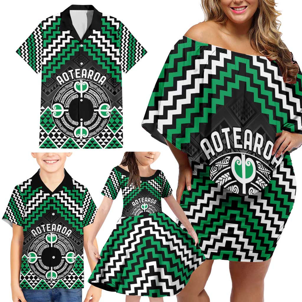 Personalised Aotearoa Niho Taniwha Motif Family Matching Off Shoulder Short Dress and Hawaiian Shirt Green Style LT9 - Polynesian Pride