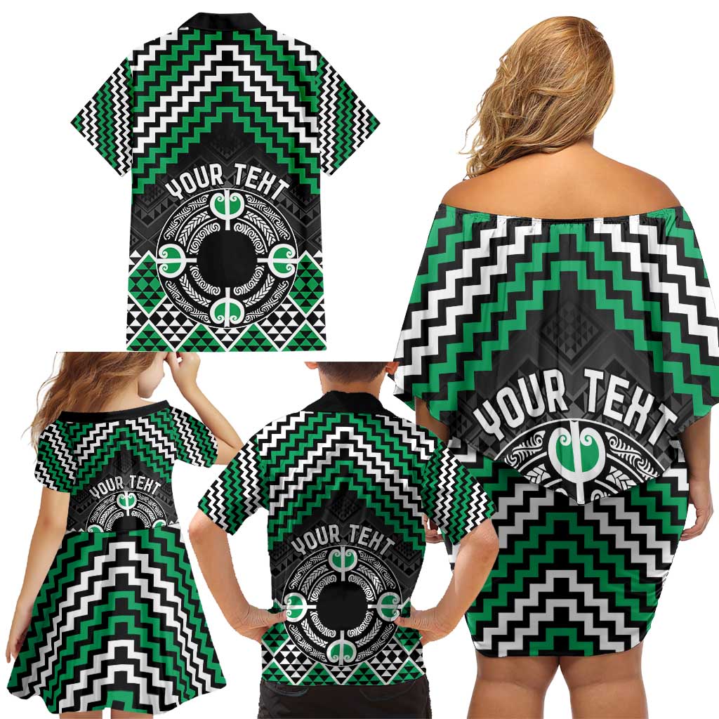 Personalised Aotearoa Niho Taniwha Motif Family Matching Off Shoulder Short Dress and Hawaiian Shirt Green Style LT9 - Polynesian Pride