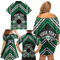 Personalised Aotearoa Niho Taniwha Motif Family Matching Off Shoulder Short Dress and Hawaiian Shirt Green Style LT9 - Polynesian Pride