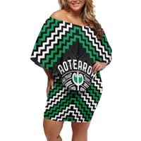Personalised Aotearoa Niho Taniwha Motif Family Matching Off Shoulder Short Dress and Hawaiian Shirt Green Style LT9 Mom's Dress Green - Polynesian Pride