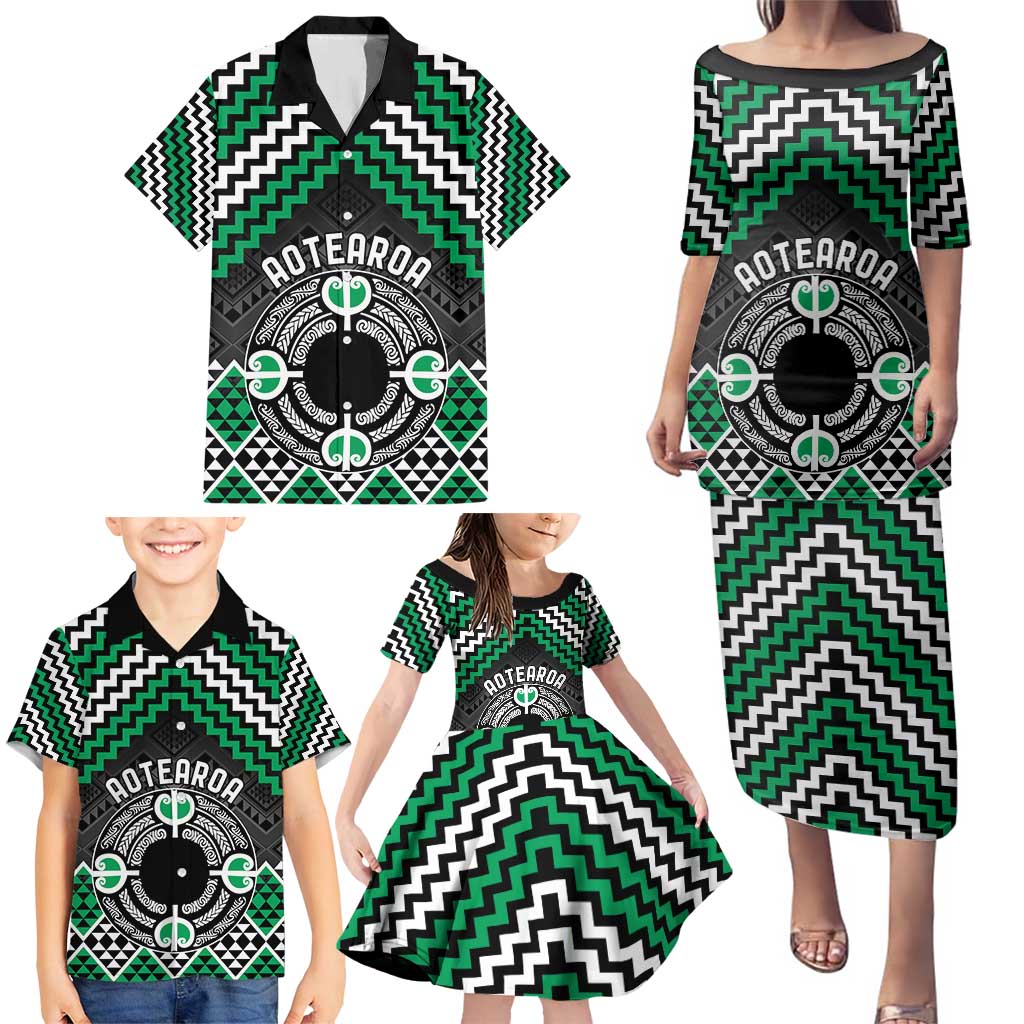 Personalised Aotearoa Niho Taniwha Motif Family Matching Puletasi and Hawaiian Shirt Green Style LT9 - Polynesian Pride