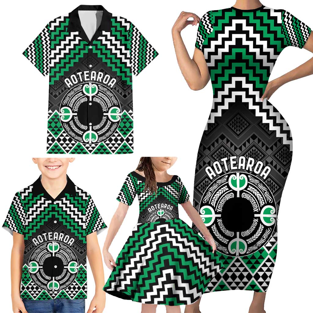 Personalised Aotearoa Niho Taniwha Motif Family Matching Short Sleeve Bodycon Dress and Hawaiian Shirt Green Style LT9 - Polynesian Pride
