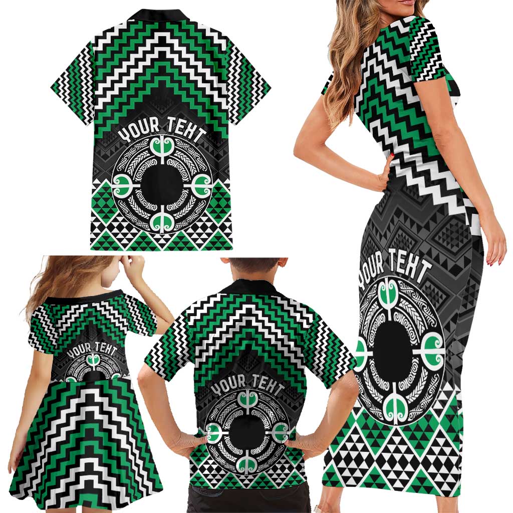 Personalised Aotearoa Niho Taniwha Motif Family Matching Short Sleeve Bodycon Dress and Hawaiian Shirt Green Style LT9 - Polynesian Pride