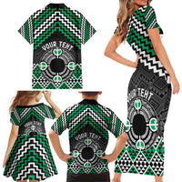 Personalised Aotearoa Niho Taniwha Motif Family Matching Short Sleeve Bodycon Dress and Hawaiian Shirt Green Style LT9 - Polynesian Pride