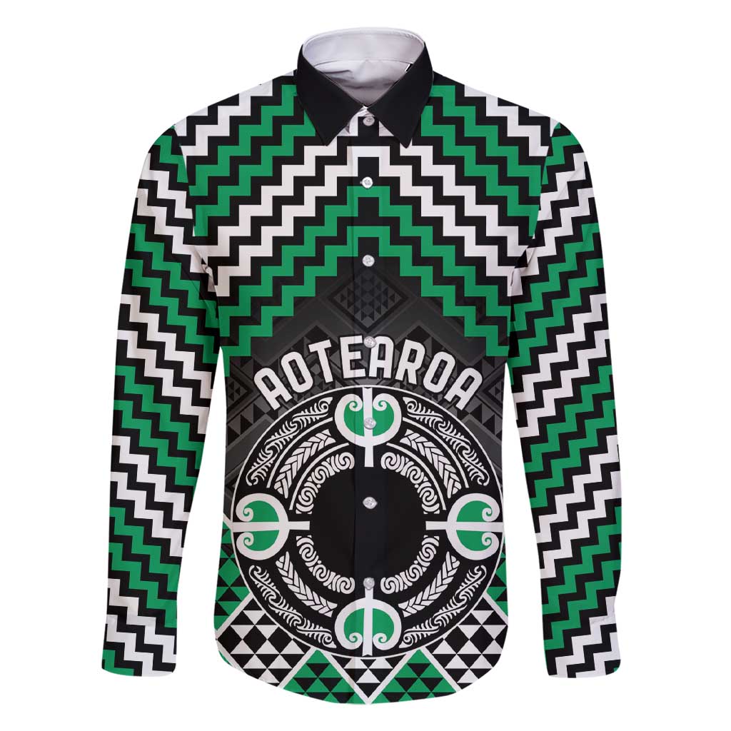 Personalised Aotearoa Niho Taniwha Motif Family Matching Short Sleeve Bodycon Dress and Hawaiian Shirt Green Style LT9 Dad's Shirt - Long Sleeve Green - Polynesian Pride