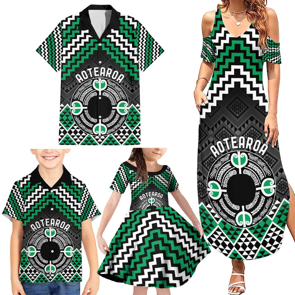 Personalised Aotearoa Niho Taniwha Motif Family Matching Summer Maxi Dress and Hawaiian Shirt Green Style LT9 - Polynesian Pride