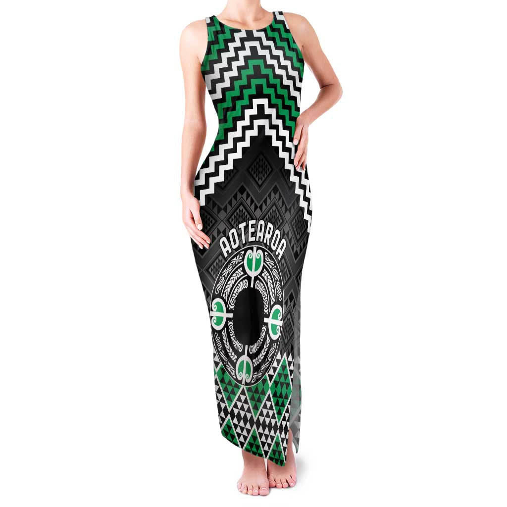 Personalised Aotearoa Niho Taniwha Motif Family Matching Tank Maxi Dress and Hawaiian Shirt Green Style LT9 Mom's Dress Green - Polynesian Pride