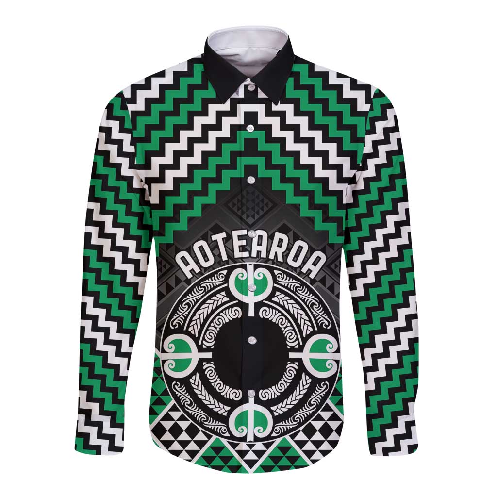 Personalised Aotearoa Niho Taniwha Motif Long Sleeve Button Shirt Green Style LT9 Unisex Green - Polynesian Pride