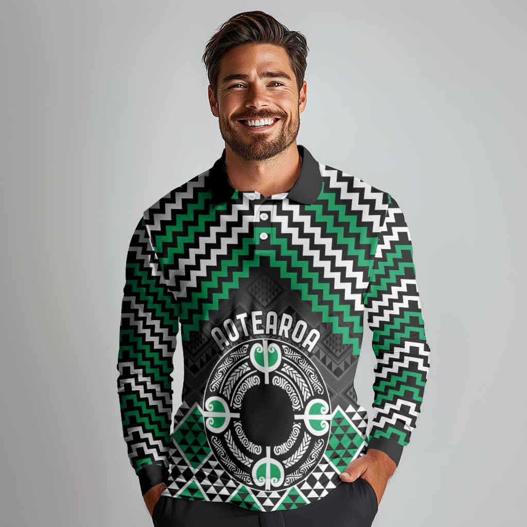 Personalised Aotearoa Niho Taniwha Motif Long Sleeve Polo Shirt Green Style