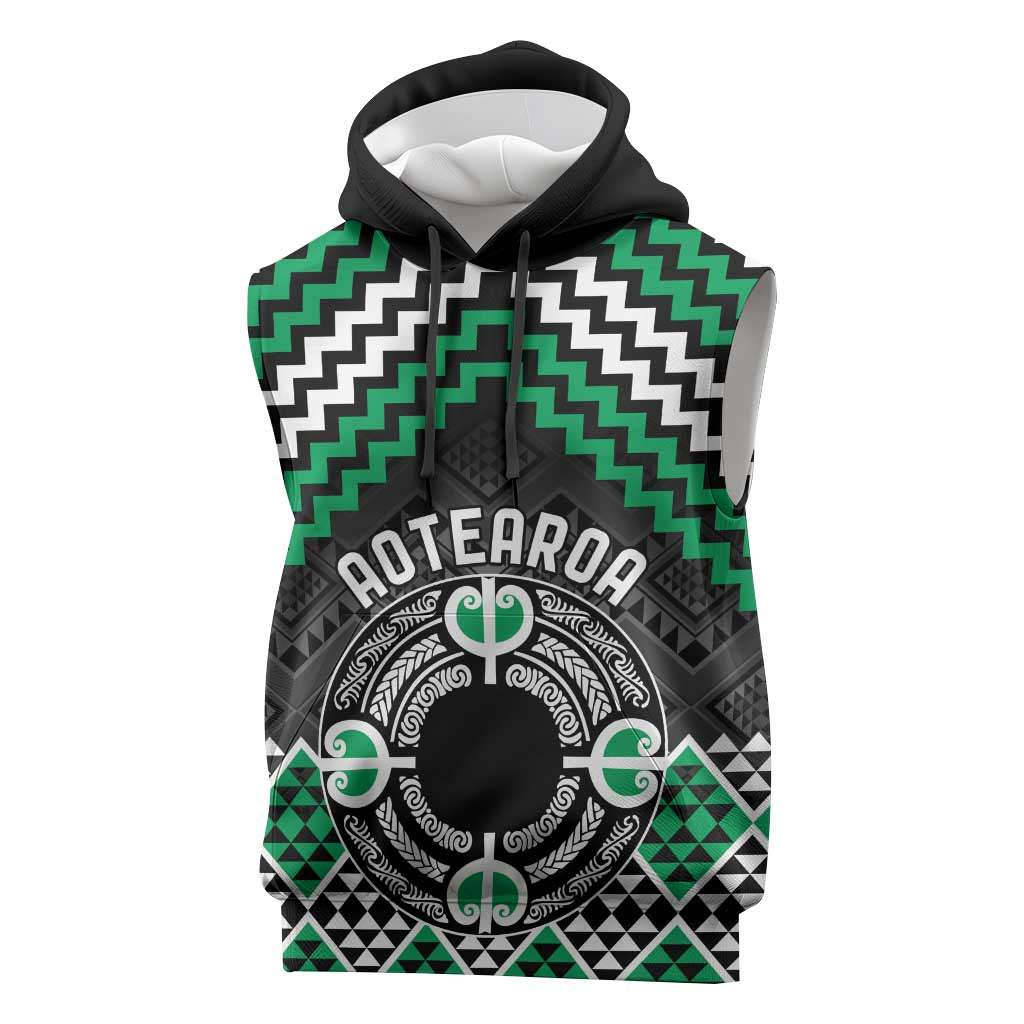 Personalised Aotearoa Niho Taniwha Motif Sleeveless Hoodie Green Style - Polynesian Pride