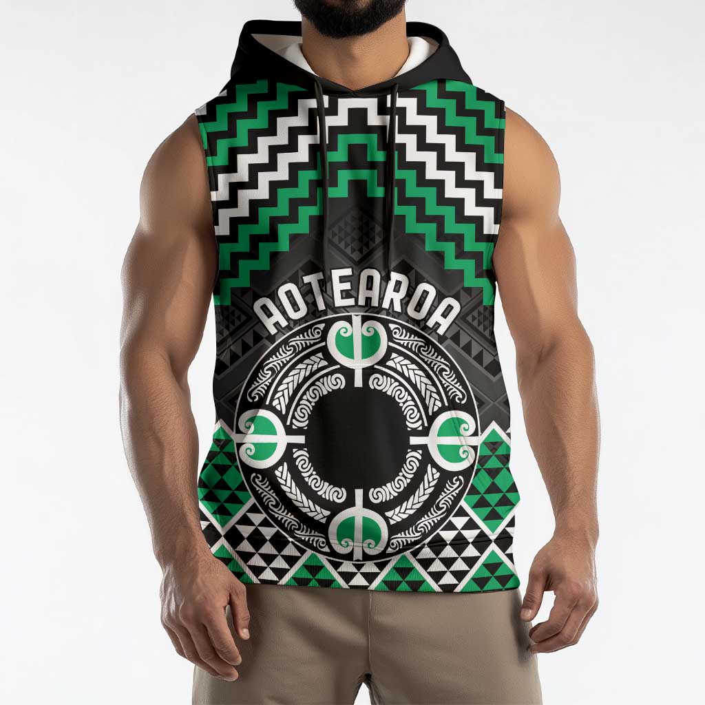 Personalised Aotearoa Niho Taniwha Motif Sleeveless Hoodie Green Style - Polynesian Pride