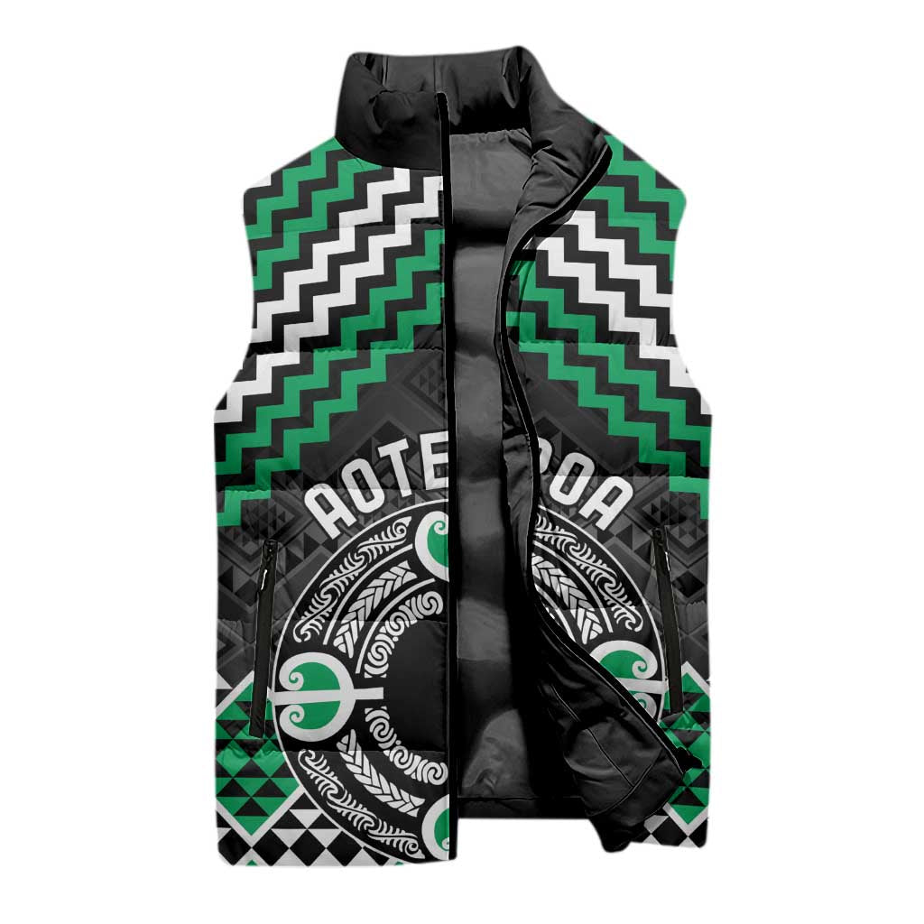 Personalised Aotearoa Niho Taniwha Motif Sleeveless Puffer Jacket Green Style - Polynesian Pride