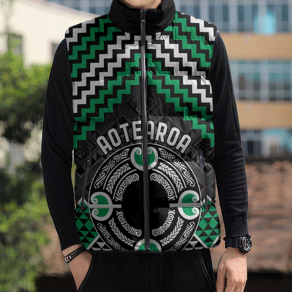 Personalised Aotearoa Niho Taniwha Motif Sleeveless Puffer Jacket Green Style - Polynesian Pride