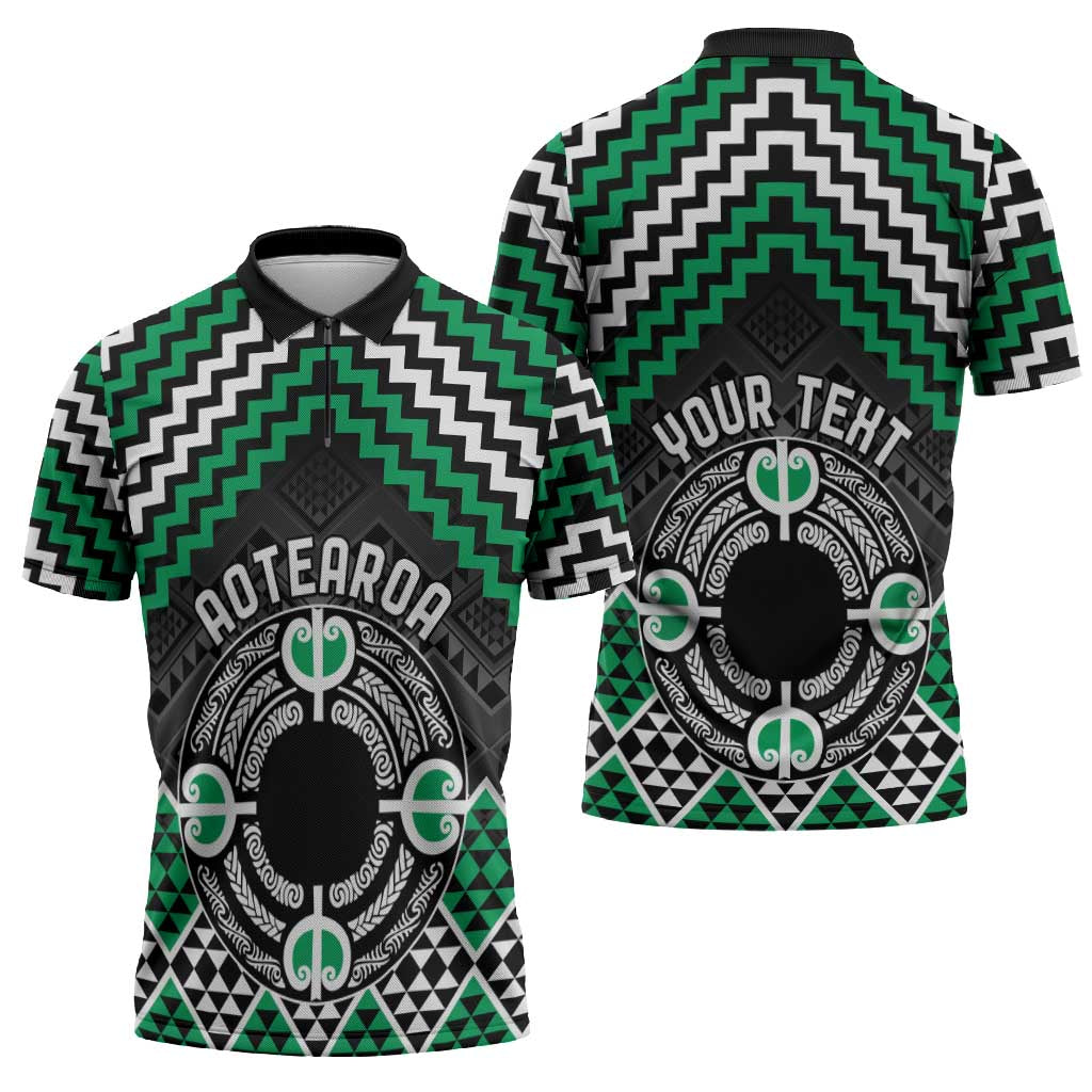 Personalised Aotearoa Niho Taniwha Motif Zipper Polo Shirt Green Style - Polynesian Pride