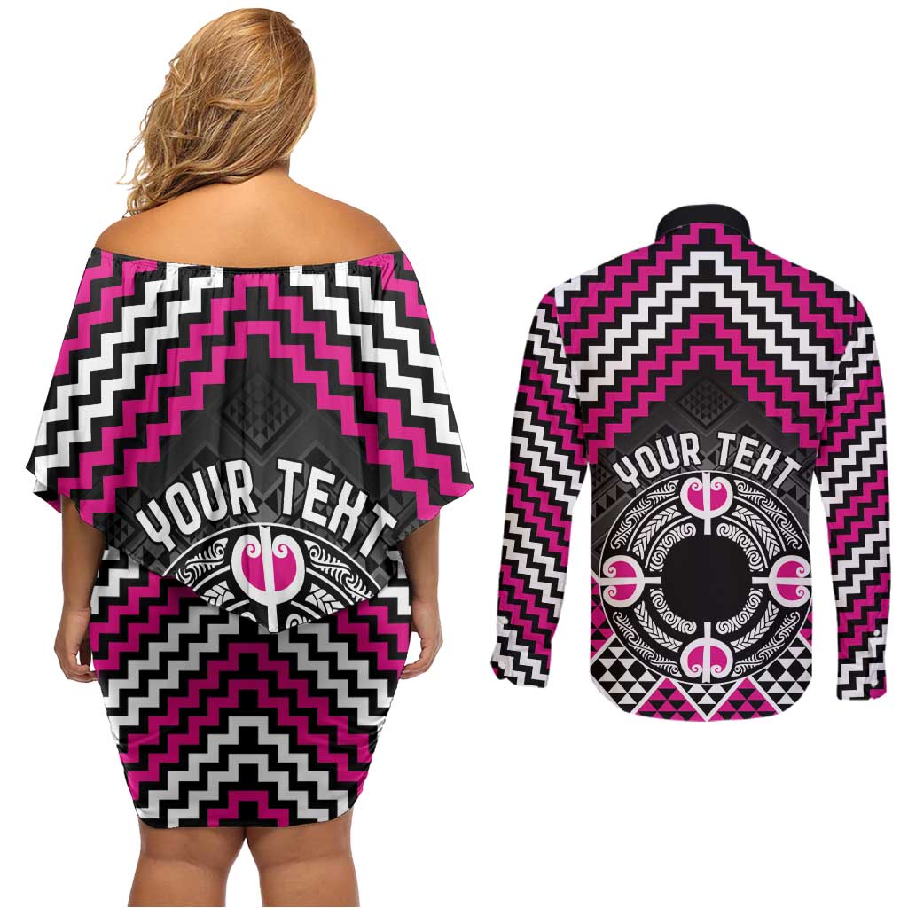 Personalised Aotearoa Niho Taniwha Motif Couples Matching Off Shoulder Short Dress and Long Sleeve Button Shirt Pink Style