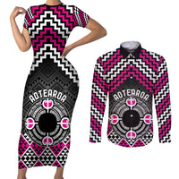 Personalised Aotearoa Niho Taniwha Motif Couples Matching Short Sleeve Bodycon Dress and Long Sleeve Button Shirt Pink Style