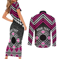 Personalised Aotearoa Niho Taniwha Motif Couples Matching Short Sleeve Bodycon Dress and Long Sleeve Button Shirt Pink Style