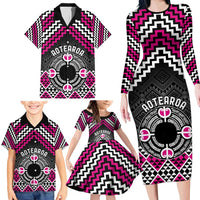 Personalised Aotearoa Niho Taniwha Motif Family Matching Long Sleeve Bodycon Dress and Hawaiian Shirt Pink Style LT9 - Polynesian Pride