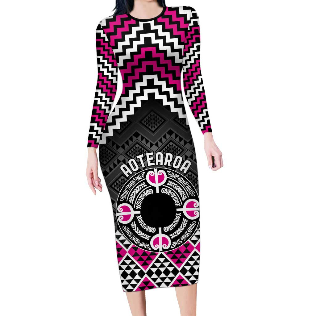 Personalised Aotearoa Niho Taniwha Motif Family Matching Long Sleeve Bodycon Dress and Hawaiian Shirt Pink Style LT9 Mom's Dress Pink - Polynesian Pride