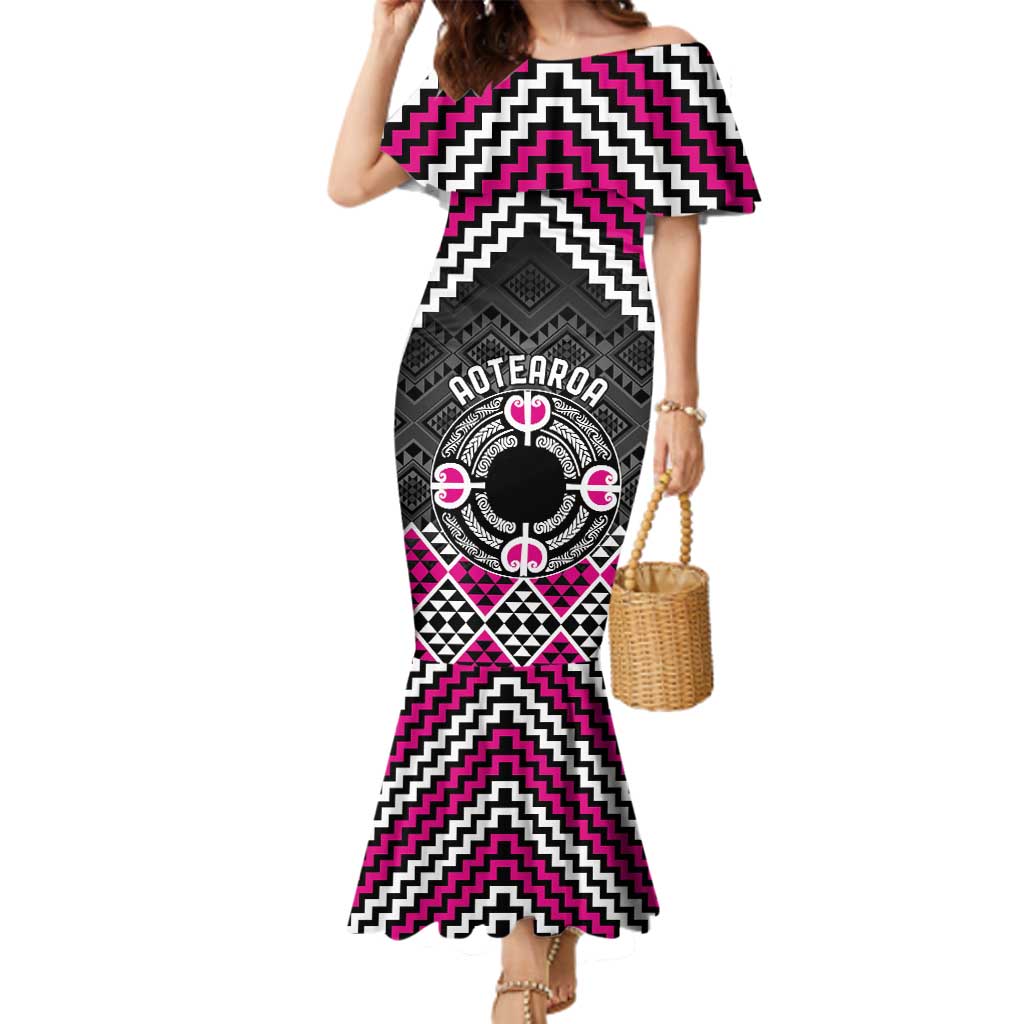 Personalised Aotearoa Niho Taniwha Motif Family Matching Mermaid Dress and Hawaiian Shirt Pink Style LT9 Mom's Dress Pink - Polynesian Pride