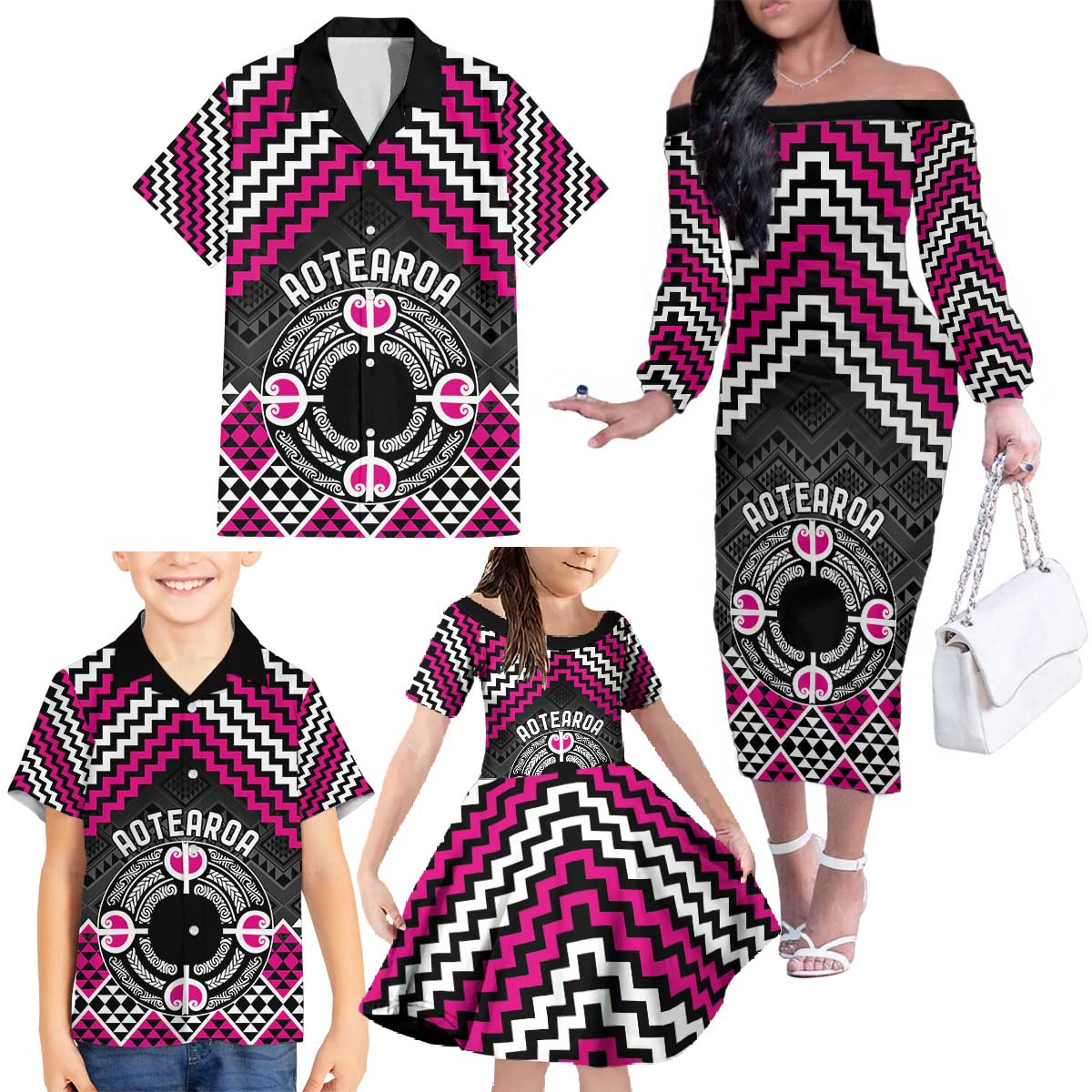 Personalised Aotearoa Niho Taniwha Motif Family Matching Off The Shoulder Long Sleeve Dress and Hawaiian Shirt Pink Style LT9 - Polynesian Pride