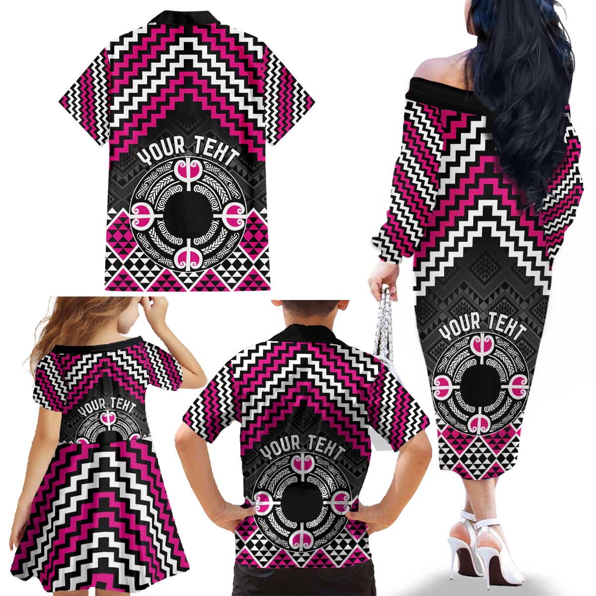 Personalised Aotearoa Niho Taniwha Motif Family Matching Off The Shoulder Long Sleeve Dress and Hawaiian Shirt Pink Style LT9 - Polynesian Pride
