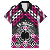 Personalised Aotearoa Niho Taniwha Motif Family Matching Off The Shoulder Long Sleeve Dress and Hawaiian Shirt Pink Style LT9 Dad's Shirt - Short Sleeve Pink - Polynesian Pride