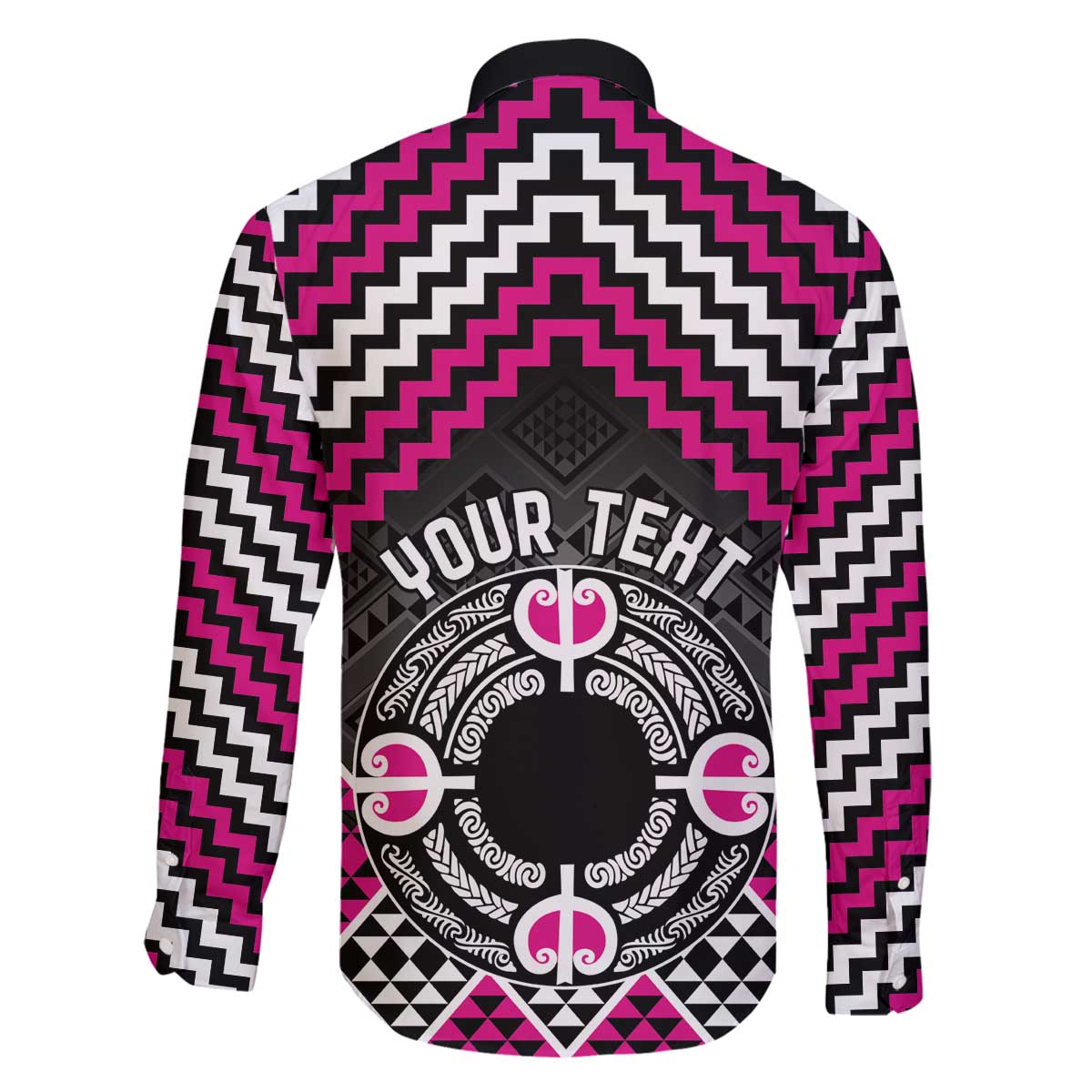 Personalised Aotearoa Niho Taniwha Motif Family Matching Off The Shoulder Long Sleeve Dress and Hawaiian Shirt Pink Style LT9 - Polynesian Pride