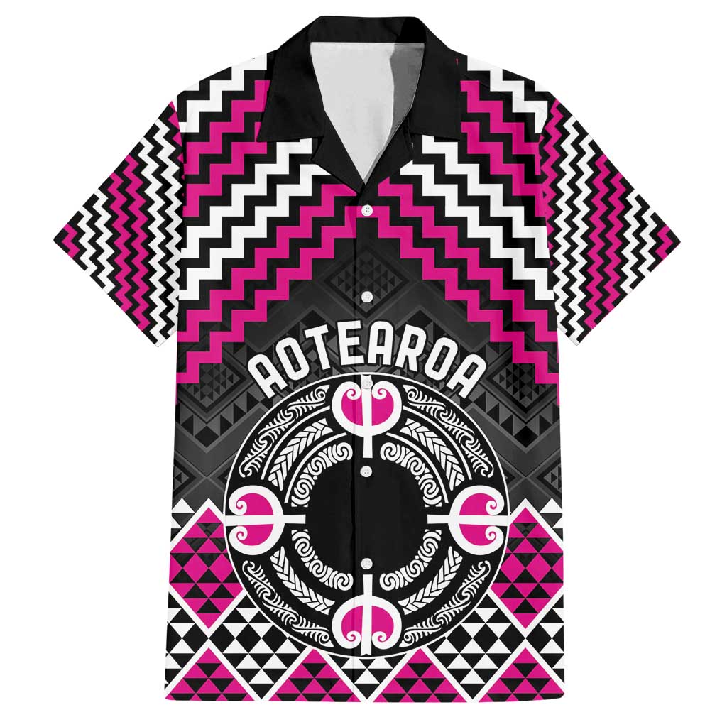 Personalised Aotearoa Niho Taniwha Motif Family Matching Off Shoulder Short Dress and Hawaiian Shirt Pink Style LT9 Dad's Shirt - Short Sleeve Pink - Polynesian Pride