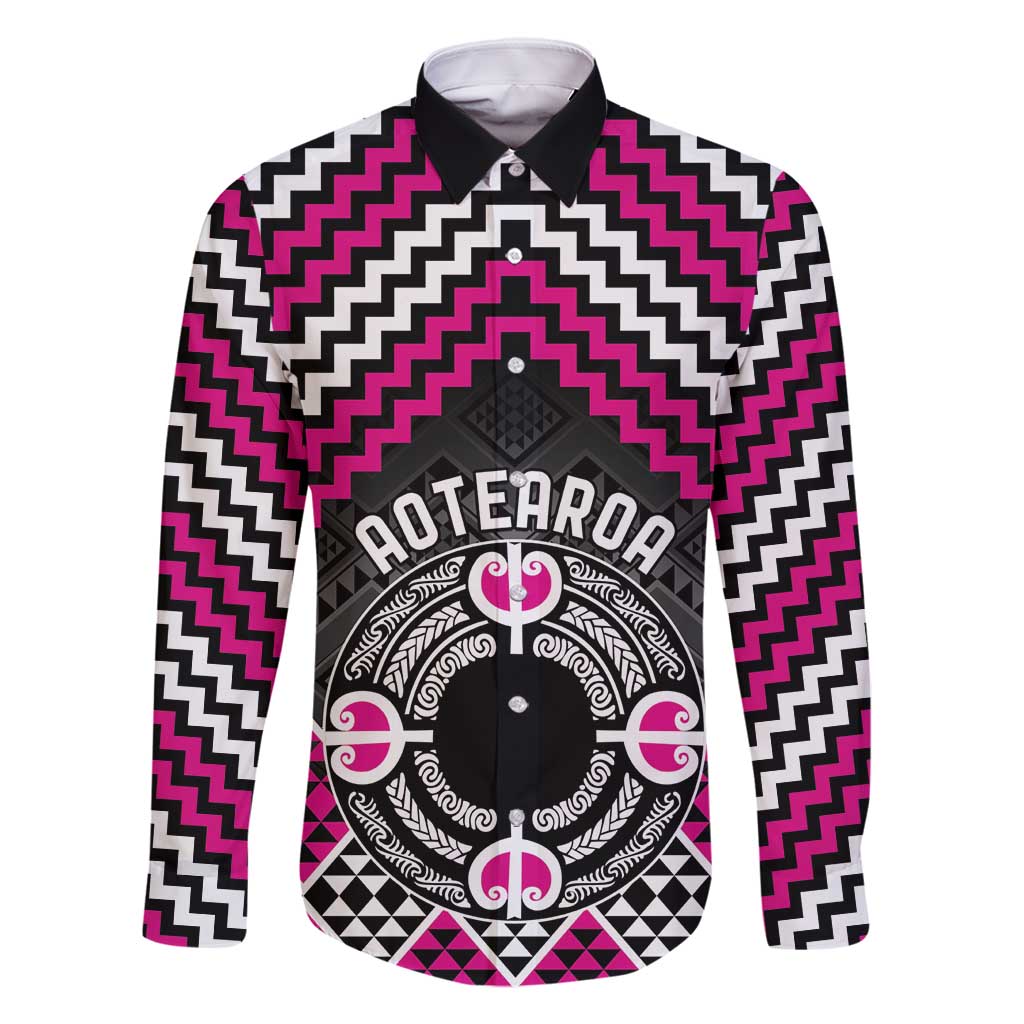 Personalised Aotearoa Niho Taniwha Motif Family Matching Off Shoulder Short Dress and Hawaiian Shirt Pink Style LT9 Dad's Shirt - Long Sleeve Pink - Polynesian Pride