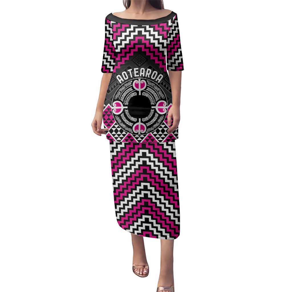 Personalised Aotearoa Niho Taniwha Motif Family Matching Puletasi and Hawaiian Shirt Pink Style
