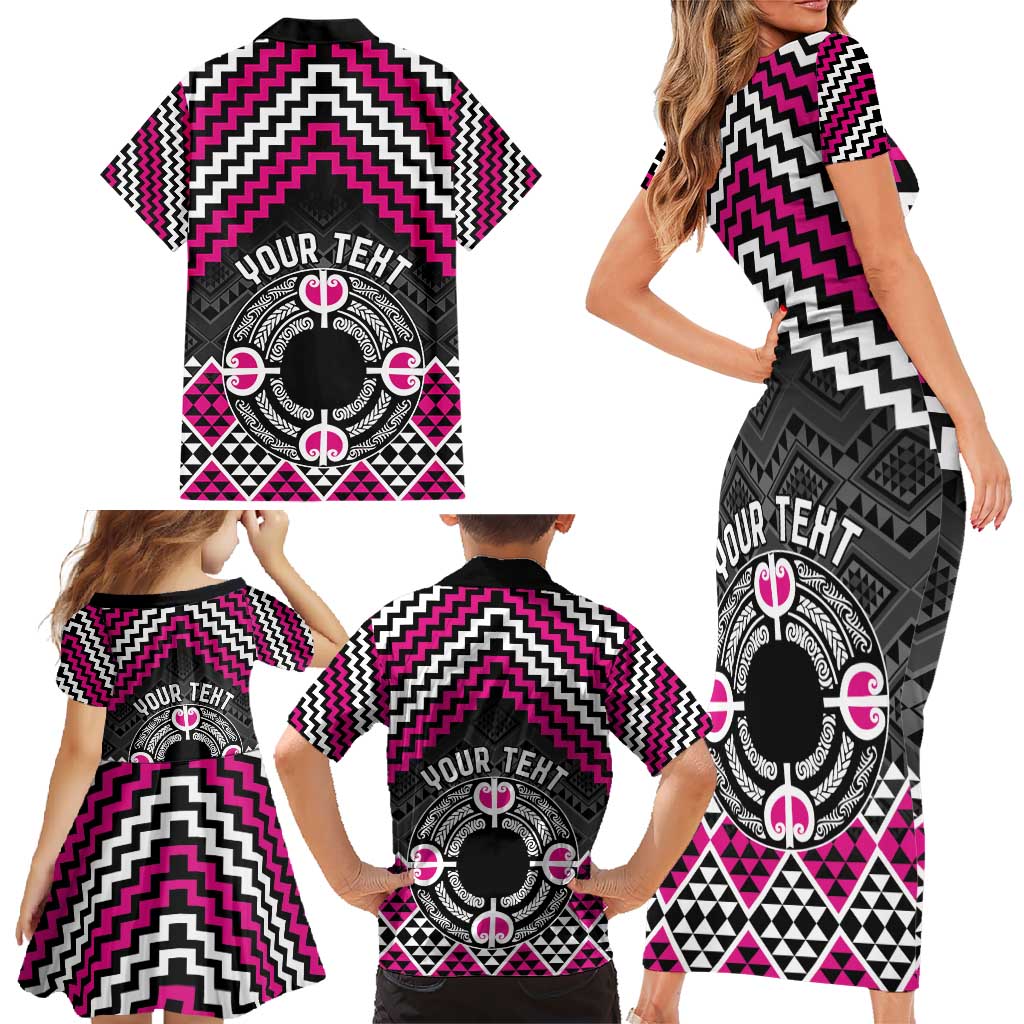 Personalised Aotearoa Niho Taniwha Motif Family Matching Short Sleeve Bodycon Dress and Hawaiian Shirt Pink Style LT9 - Polynesian Pride