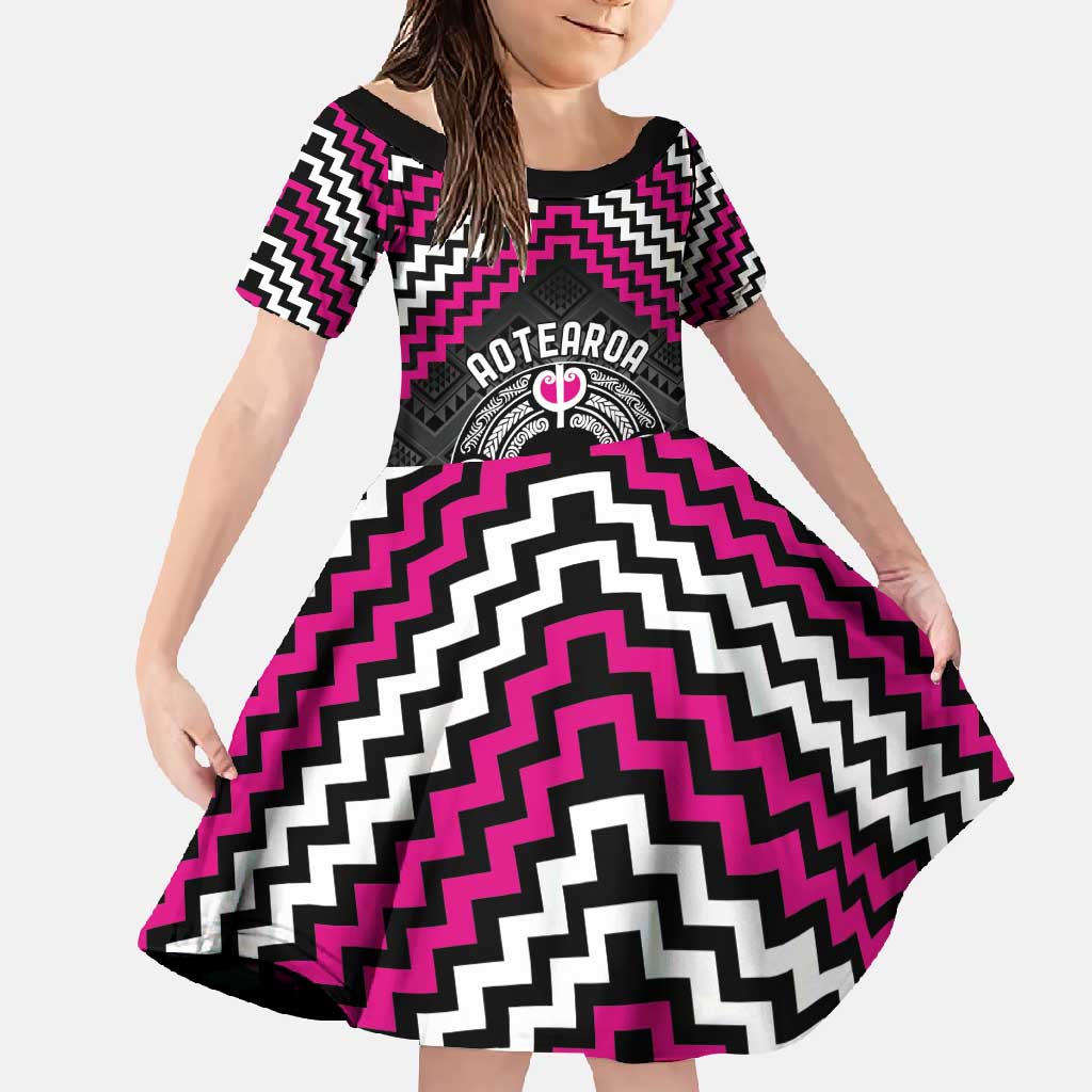 Personalised Aotearoa Niho Taniwha Motif Family Matching Tank Maxi Dress and Hawaiian Shirt Pink Style LT9 Daughter's Dress Pink - Polynesian Pride