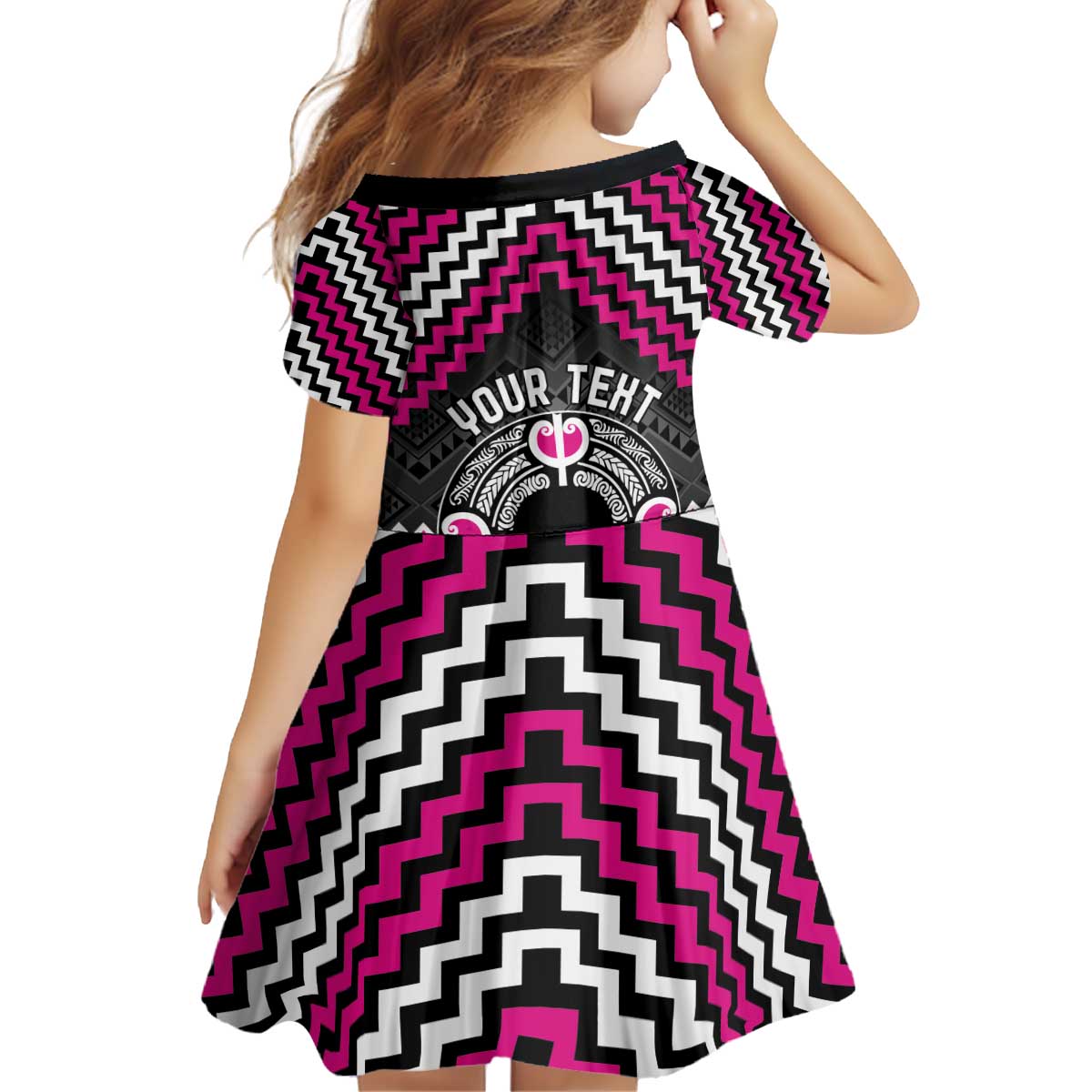 Personalised Aotearoa Niho Taniwha Motif Kid Short Sleeve Dress Pink Style