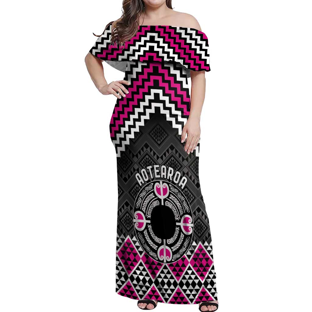 Personalised Aotearoa Niho Taniwha Motif Off Shoulder Maxi Dress Pink Style