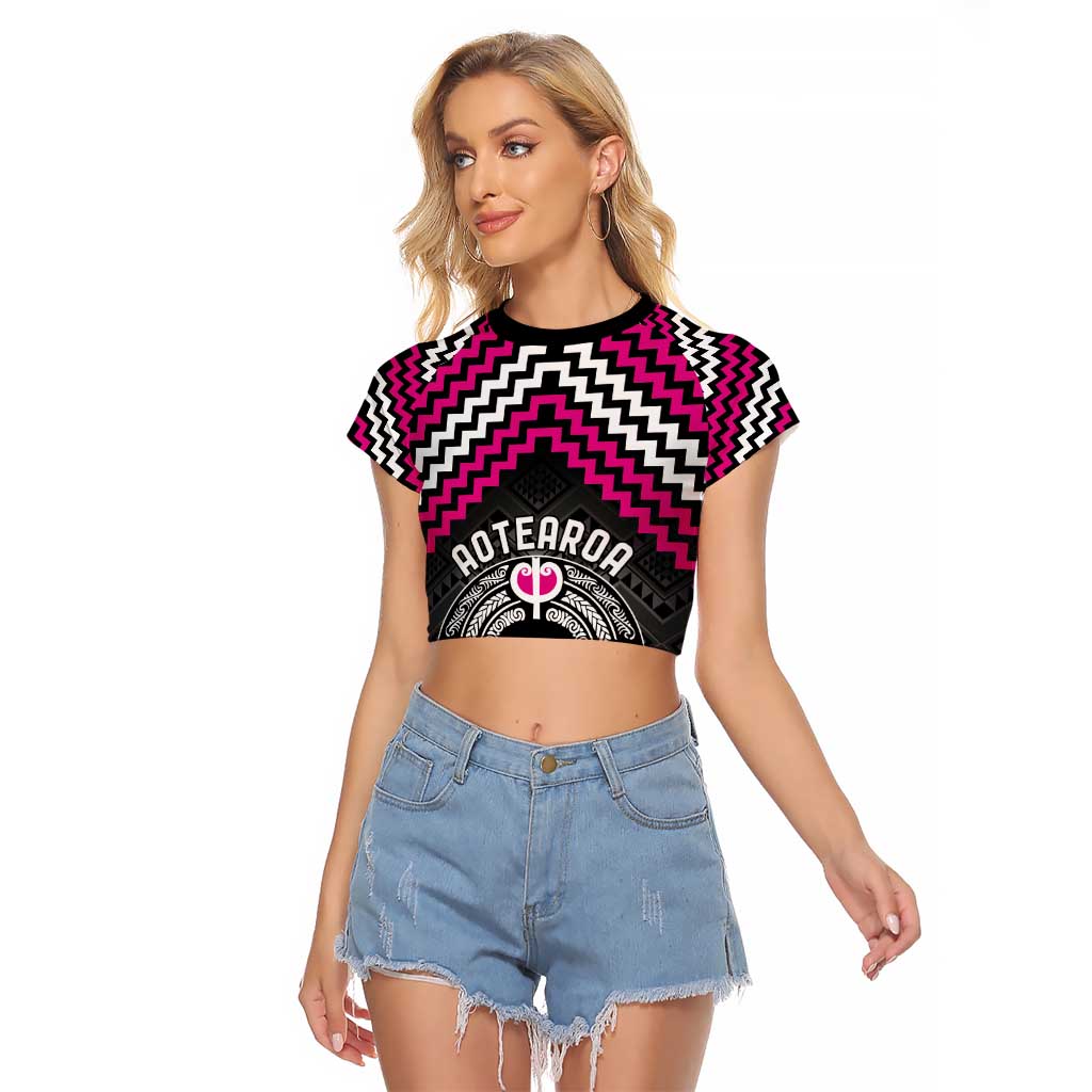 Personalised Aotearoa Niho Taniwha Motif Raglan Cropped T Shirt Pink Style
