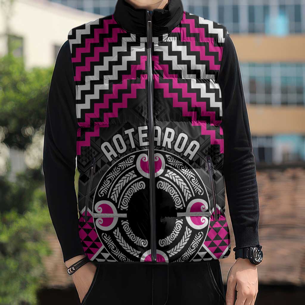 Personalised Aotearoa Niho Taniwha Motif Sleeveless Puffer Jacket Pink Style - Polynesian Pride