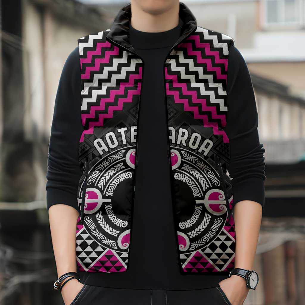 Personalised Aotearoa Niho Taniwha Motif Sleeveless Puffer Jacket Pink Style - Polynesian Pride