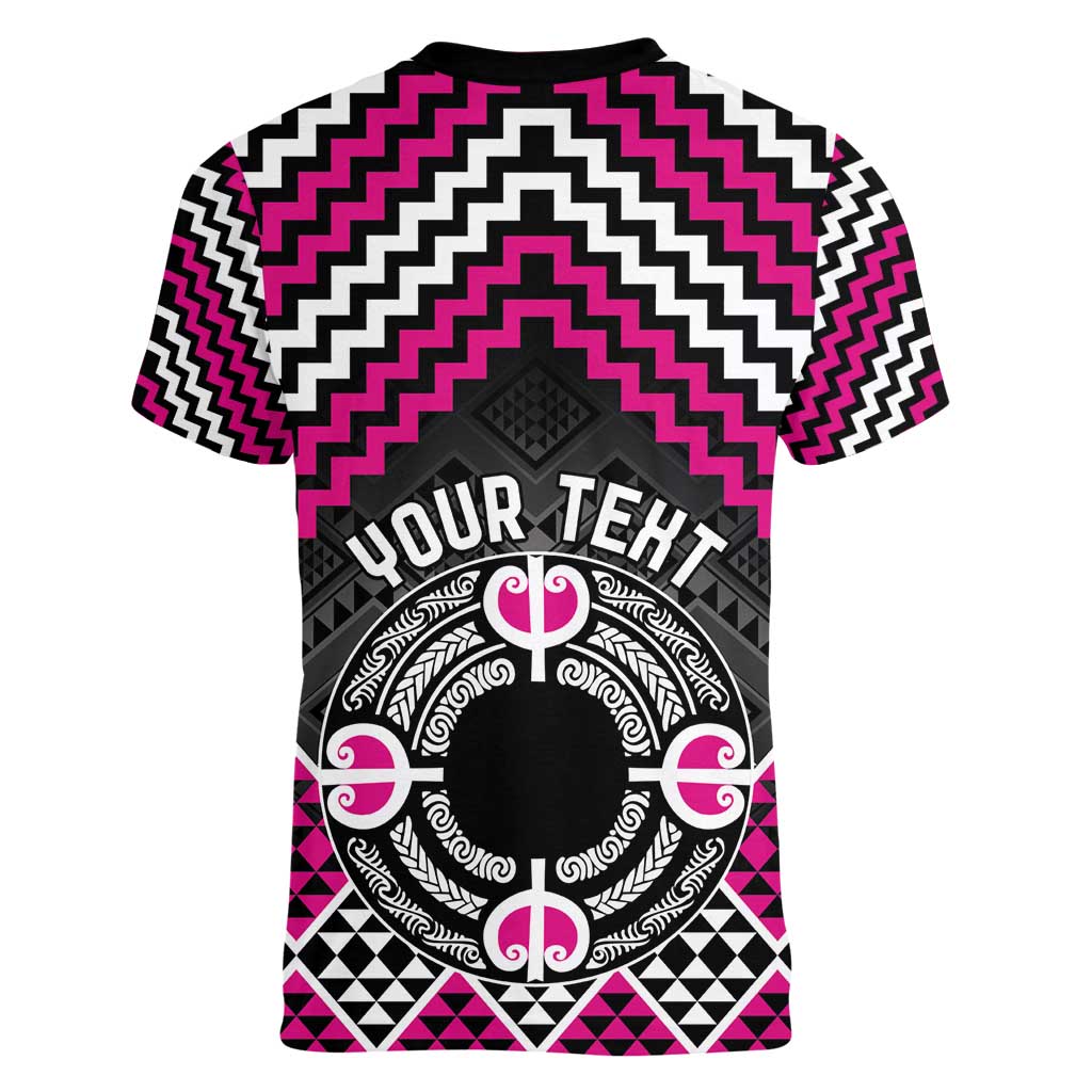 Personalised Aotearoa Niho Taniwha Motif Women V-Neck T-Shirt Pink Style