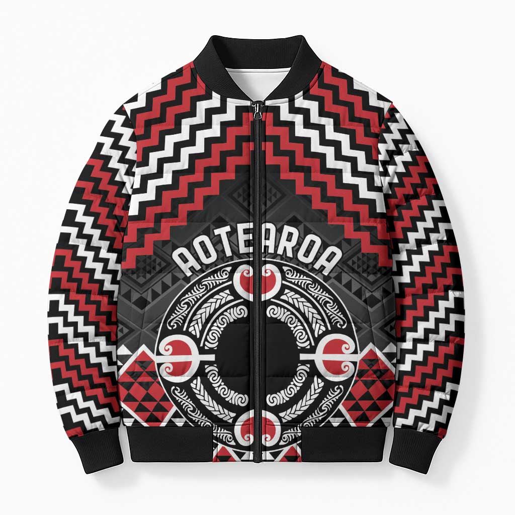 Personalised Aotearoa Niho Taniwha Motif Bomber Puffer Jacket Red Style - Polynesian Pride